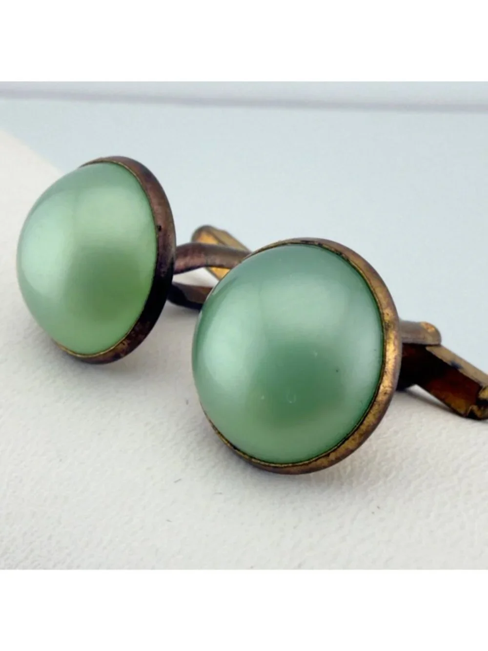 Vintage Round Cabochon Cufflinks Set of 2 Green Pink Mid Century